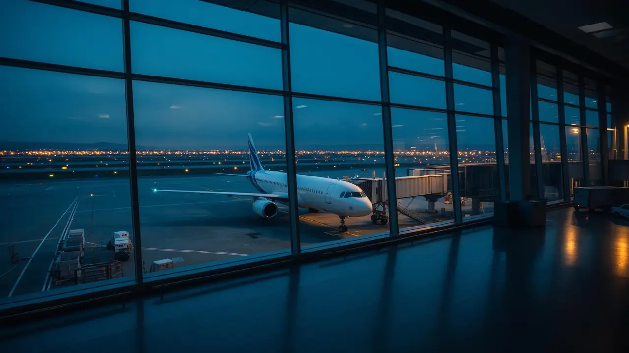 Airliner at gate at blue hour, runway lights in the distance