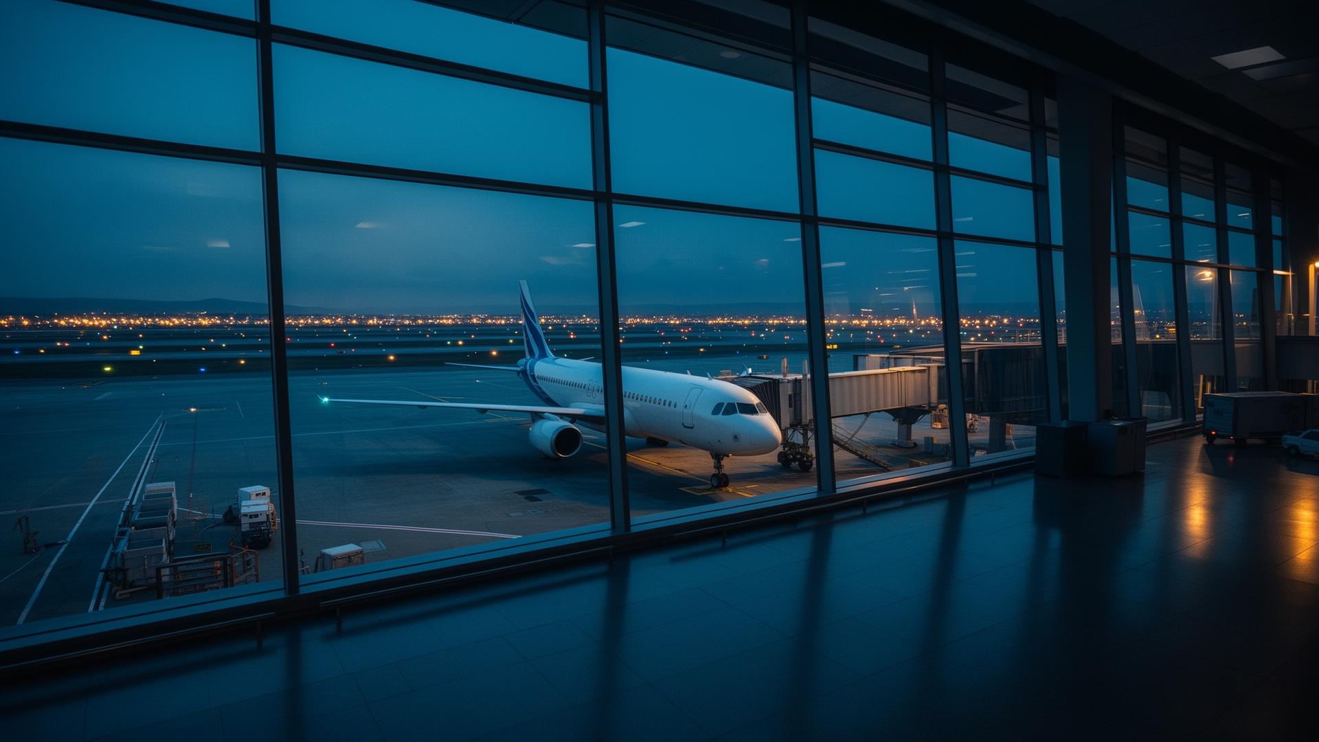 Airliner at gate at blue hour, runway lights in the distance
